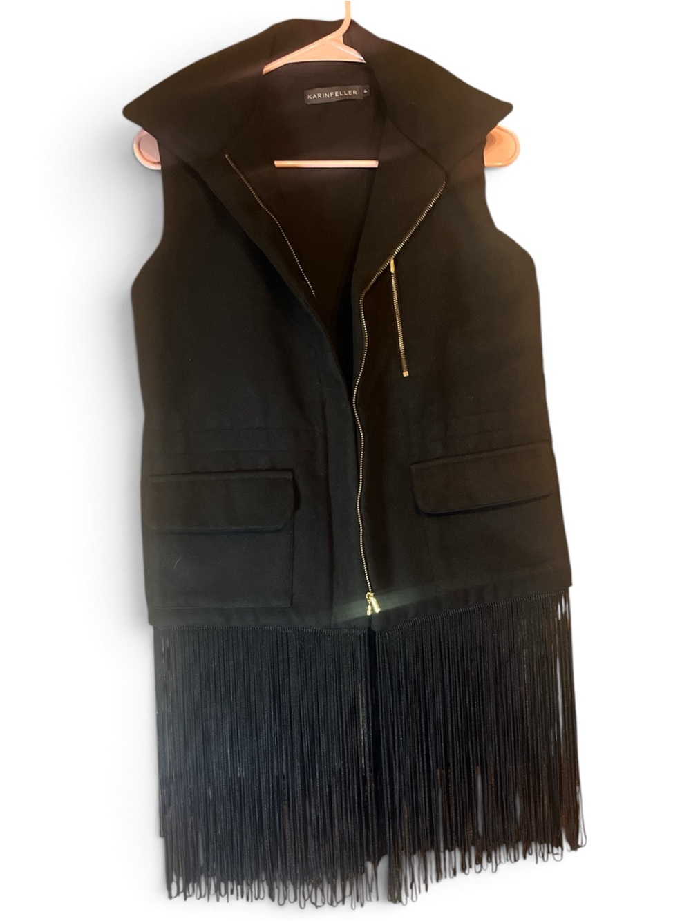 Karinfeller Sleeveless Fringe Zip Vest - Black size small